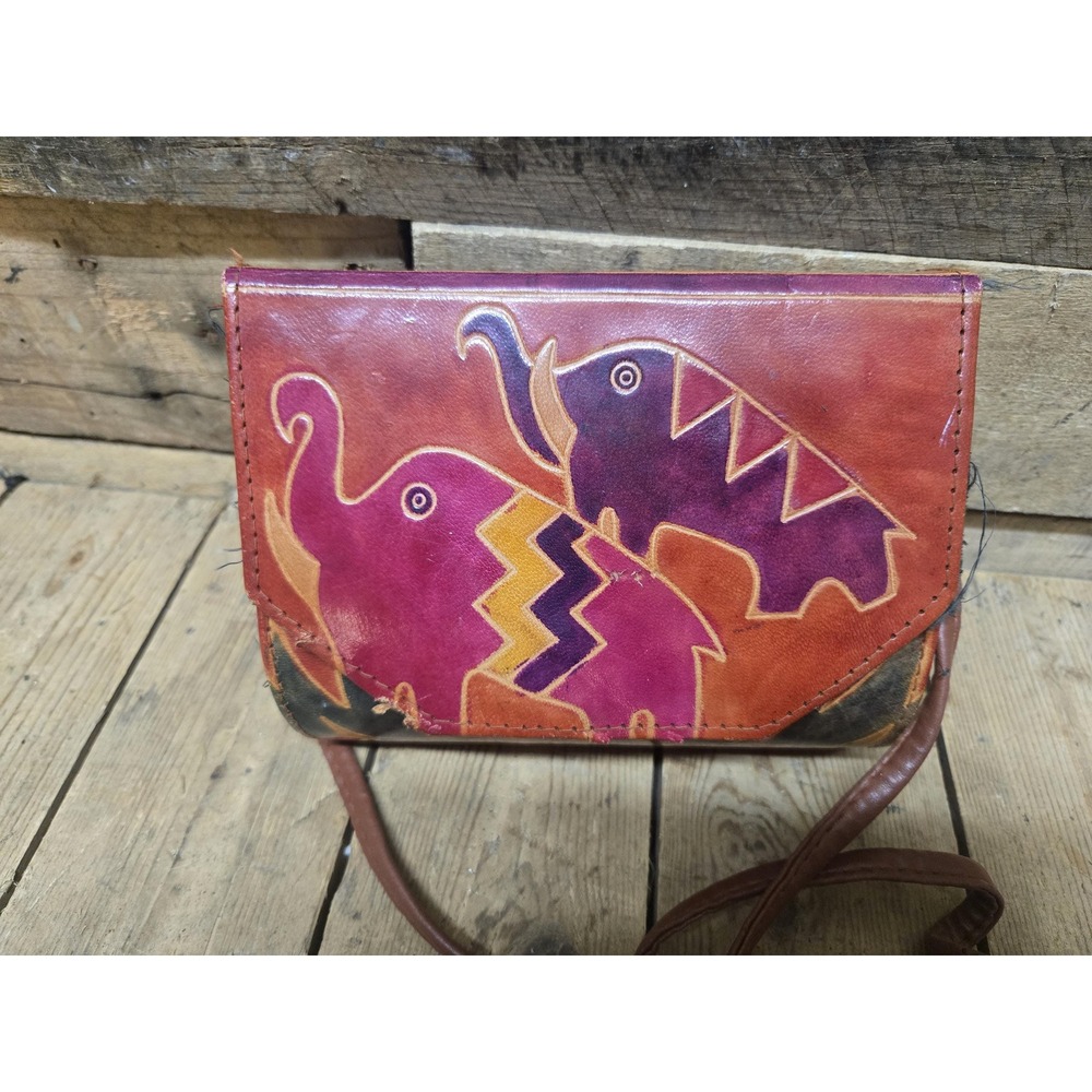 Vintage Leather Tribal Elephant African Crossbody Handbag Purse